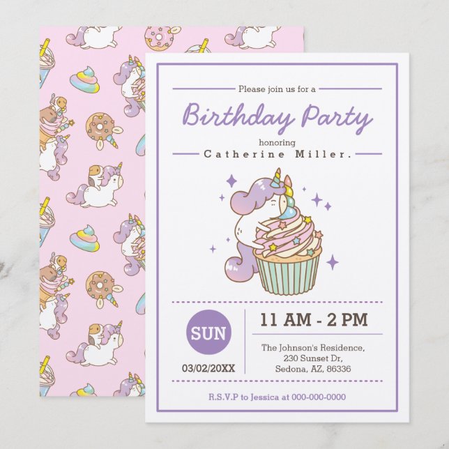 Invitation Anniversaire de Bubu et Moonch Unicorn (Devant / Derrière)