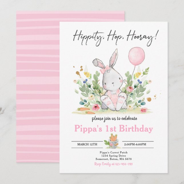 Invitation Anniversaire de Bunny Pink Bunny Anniversaire de P (Devant / Derrière)