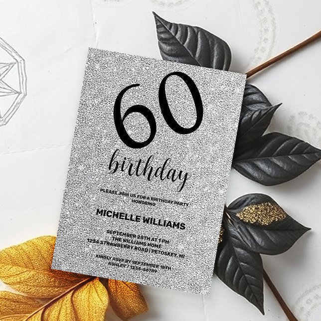 Invitation Anniversaire de calligraphie noire pailletée d'arg (Créateur téléchargé)