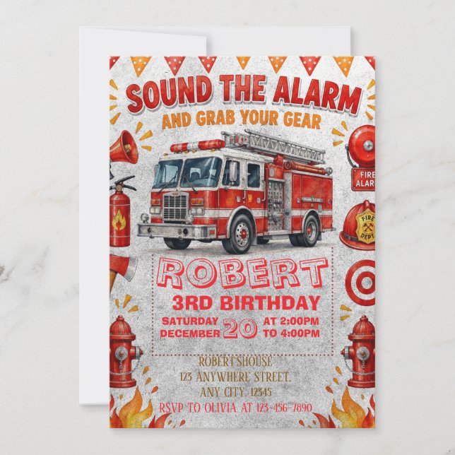 Invitation Anniversaire de camion de pompiers modifiable (Devant)