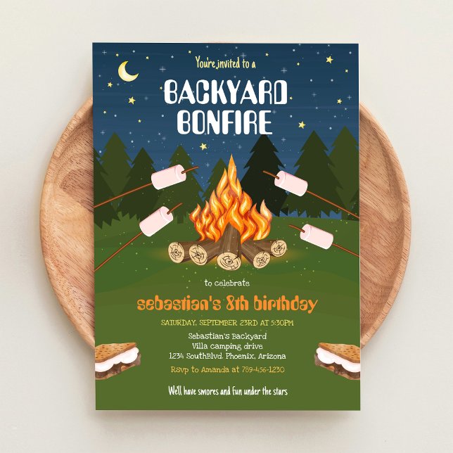 Invitation Anniversaire de camping en arrière-cour avec feu d (Créateur téléchargé)