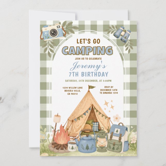 Invitation Anniversaire de camping garçons Bleu Sage Vert Ave (Devant)