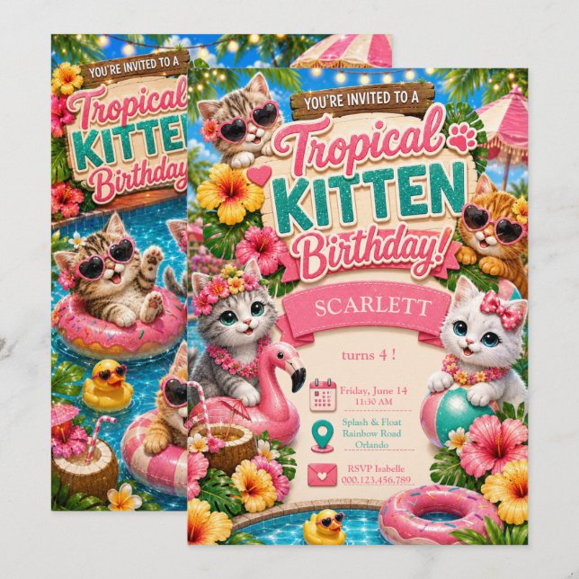 Invitation Anniversaire de Chat Tropical - Fête au Piscine (Devant / Derrière)