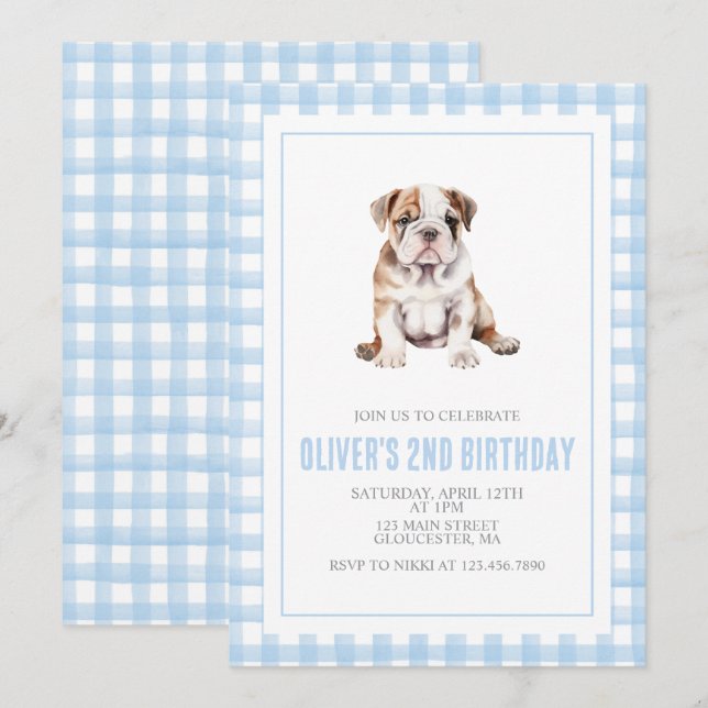 Invitation Anniversaire de chiot bouledogue prépa carreaux (Devant / Derrière)