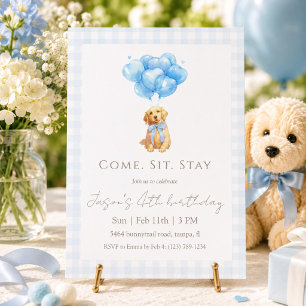 Invitation Anniversaire de chiot Retriever Gingham Bleu Doré
