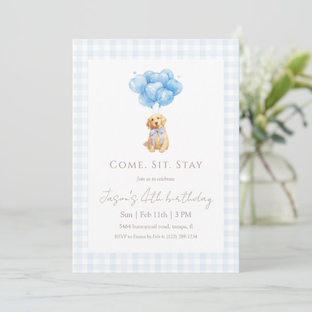 Invitation Anniversaire de chiot Retriever Gingham Bleu Doré (Debout devant)