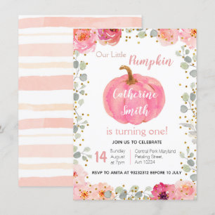 Invitation Anniversaire de citrouille floral rose d'or