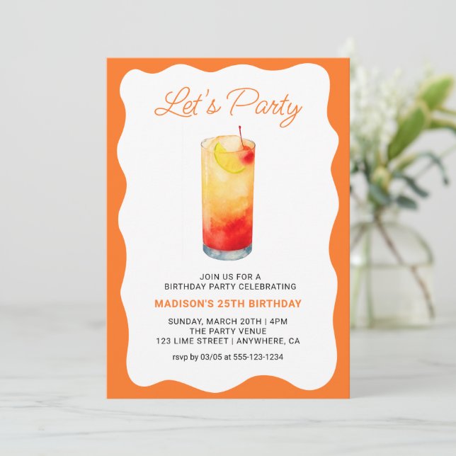 Invitation Anniversaire de cocktail estival chic orange ondul (Debout devant)