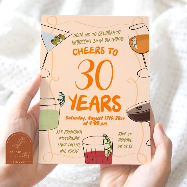 Invitation Anniversaire de cocktail orange illustré dessiné à (Créateur téléchargé)