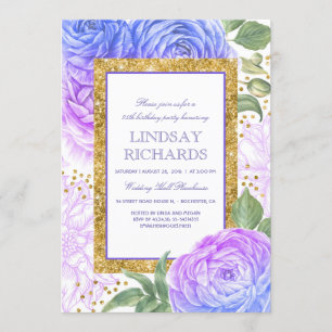 Invitation Anniversaire de Confetti en or bleu et mauve
