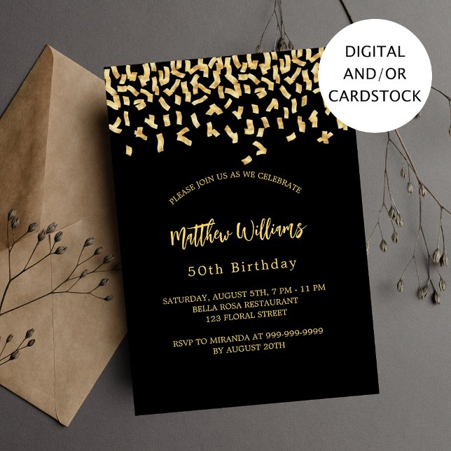 Invitation Anniversaire de confettis en or noir (Créateur téléchargé)
