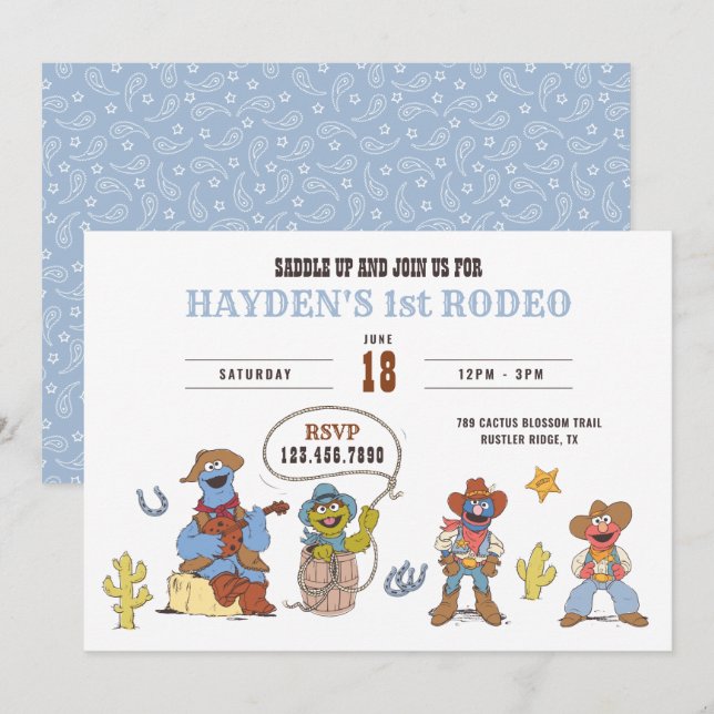 Invitation Anniversaire de Cowboy du Rodéo de Rue Sésame (Devant / Derrière)