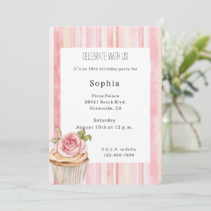 Invitation Anniversaire de Cupcake à la rose rose jolie