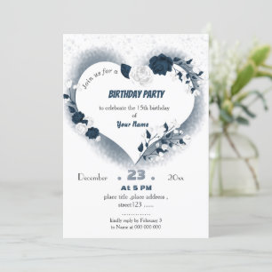 Invitation anniversaire de cur floral marine et blanc
