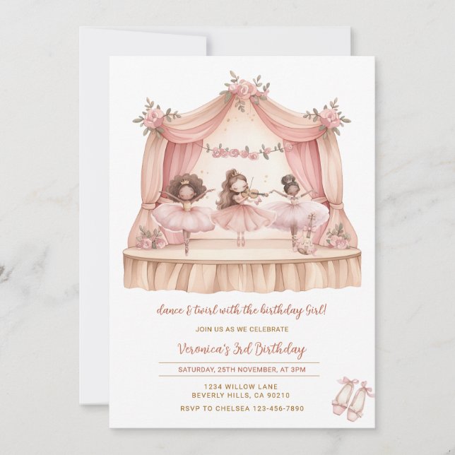 Invitation Anniversaire de danse et de pirouette de ballerine (Devant)