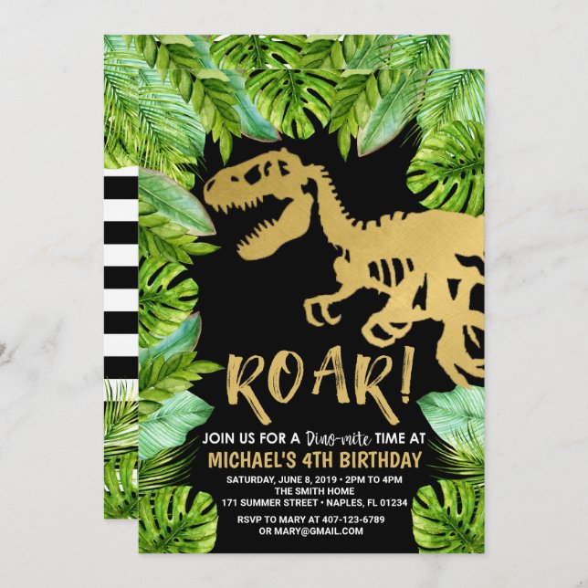 Invitation Anniversaire de Dinosaur Roar Dino (Devant / Derrière)