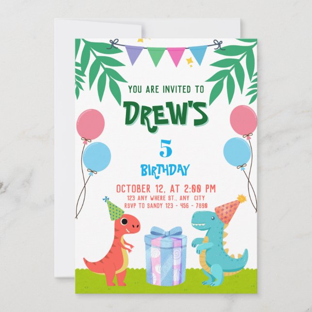 Invitation Anniversaire De Dinosaure Avec Ballons Et Cadeaux (Devant)