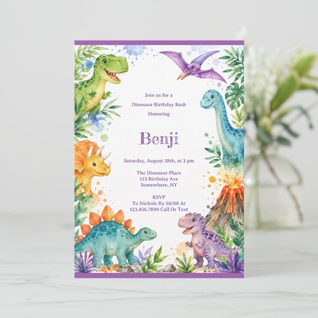 Invitation Anniversaire de dinosaure coloré (Debout devant)