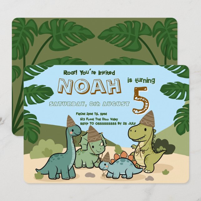 Invitation anniversaire de dinosaure mignon | Modi (Devant / Derrière)