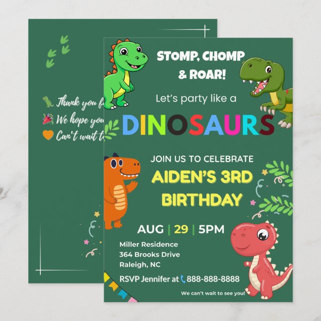 Invitation anniversaire de dinosaure modifiable (Devant / Derrière)
