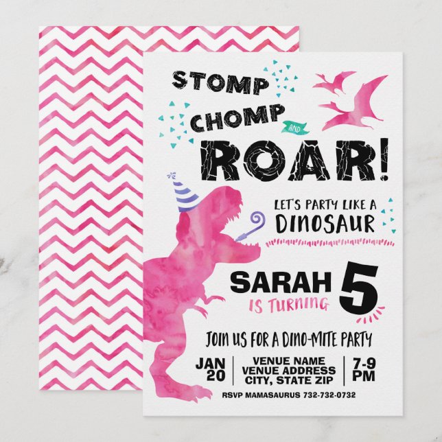 Invitation Anniversaire de Dinosaure Rose (Devant / Derrière)