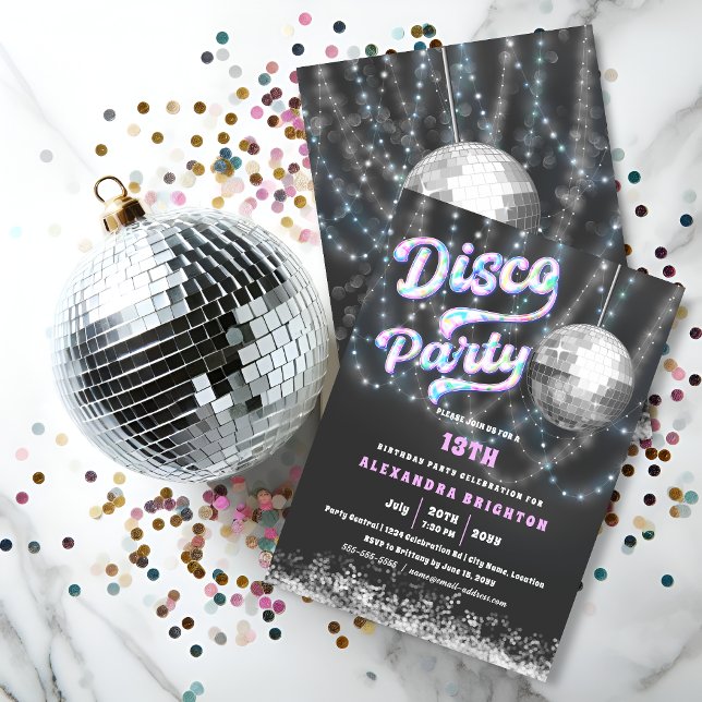 Invitation Anniversaire de Disco Party (Birthday disco party invitation front and back view.)