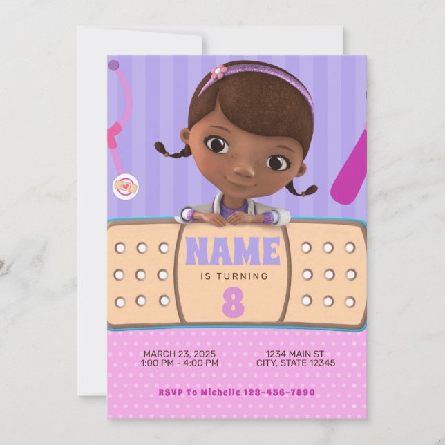 Invitation Anniversaire de Doc McStuffins Rose Violet (Devant)