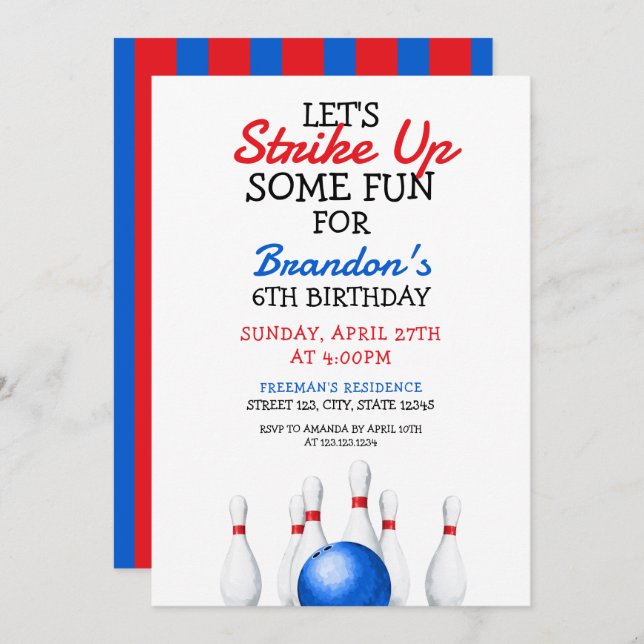 Invitation Anniversaire de enfant amusant Red et Blue Bowling (Devant / Derrière)