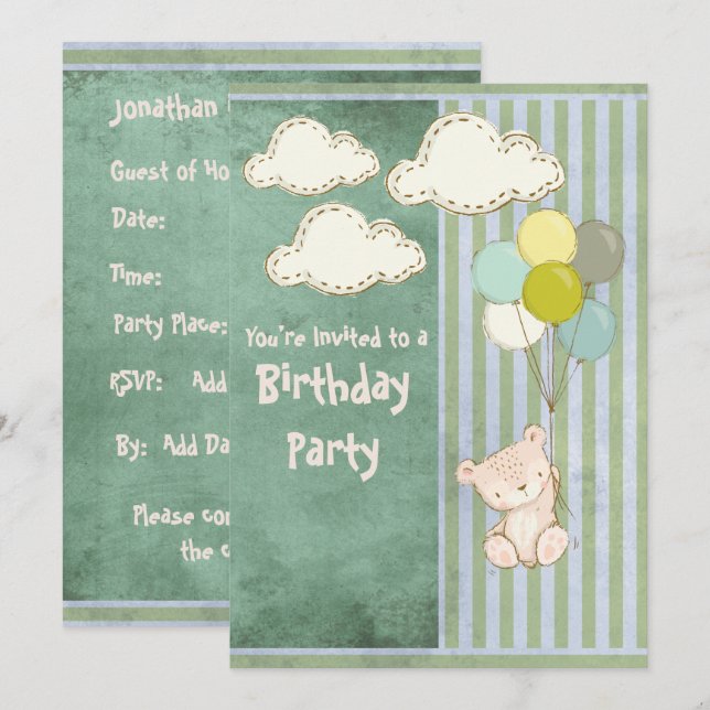 Invitation Anniversaire de enfant Bear Green Rustic Stripes (Devant / Derrière)