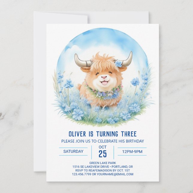 Invitation Anniversaire de enfant Blue Highland Cow Bash (Devant)