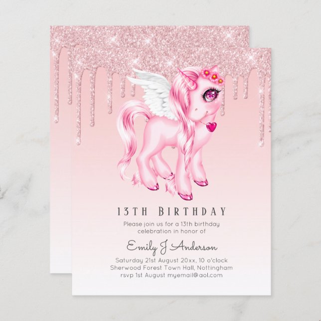 INVITATION Anniversaire de enfant BUDGET Pink Unic (Devant / Derrière)