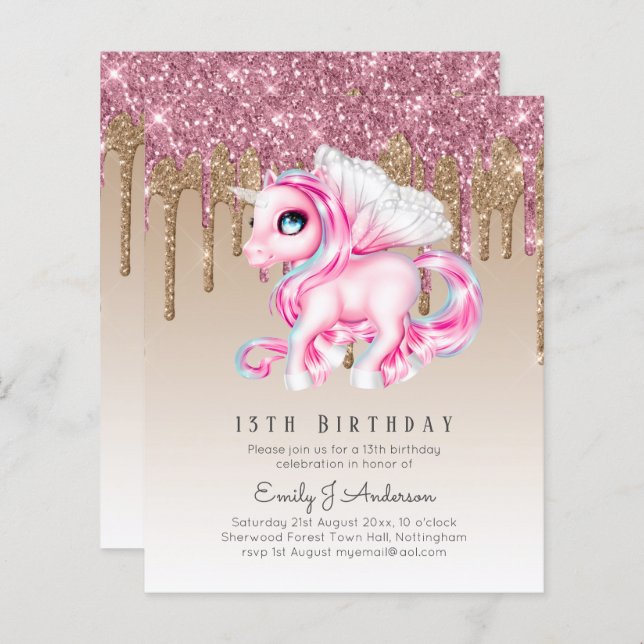 INVITATION Anniversaire de enfant BUDGET Pink Unic (Devant / Derrière)