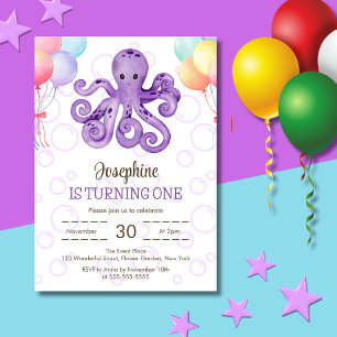 Invitation Anniversaire de enfant de bulle violet Octopus