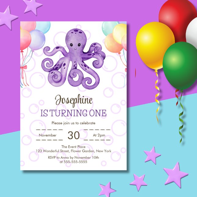 Invitation Anniversaire de enfant de bulle violet Octopus (Créateur téléchargé)