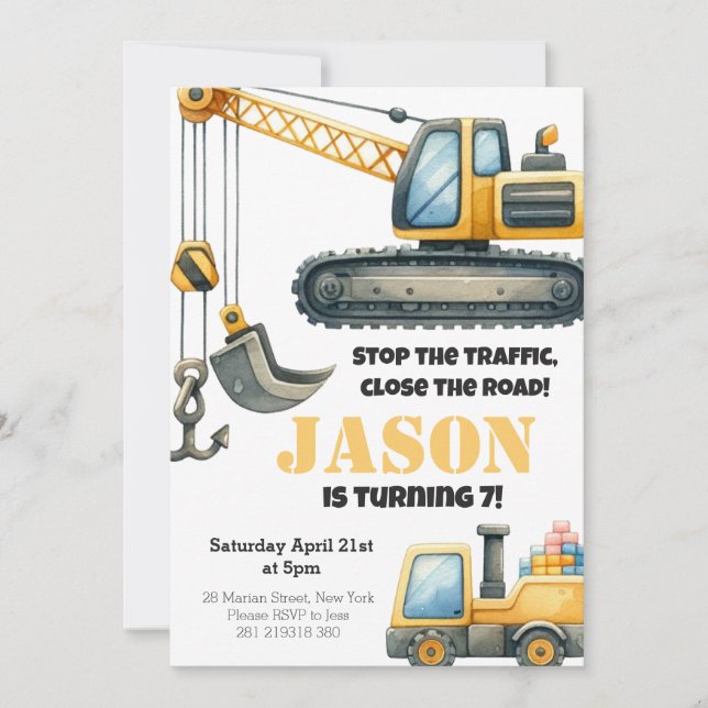 Invitation Anniversaire de enfant de construction Bulldozer (Devant)