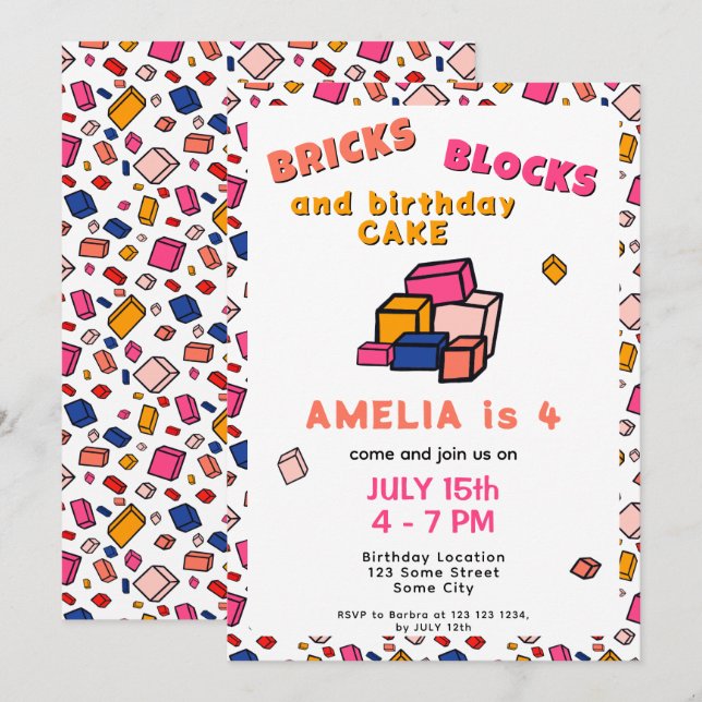 Invitation Anniversaire de enfant de dessin Motif de briques  (Devant / Derrière)