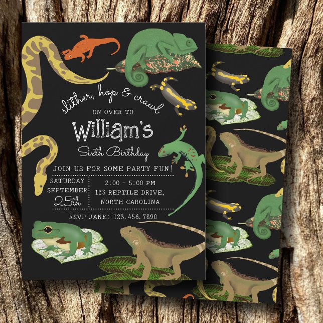 Invitation Anniversaire de enfant de reptiles, lézards et amp (Reptile, Lizards & Amphibians Kids Birthday Invitation)