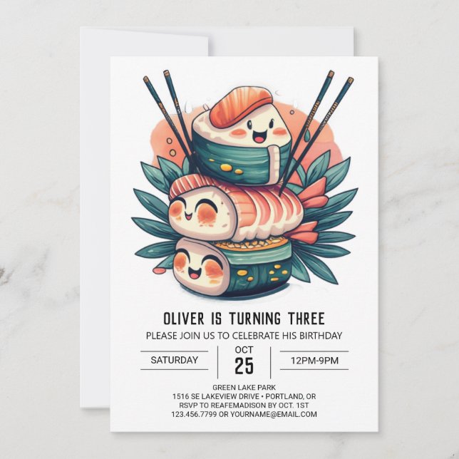 Invitation Anniversaire de enfant de rouleau de sushi moderne (Devant)