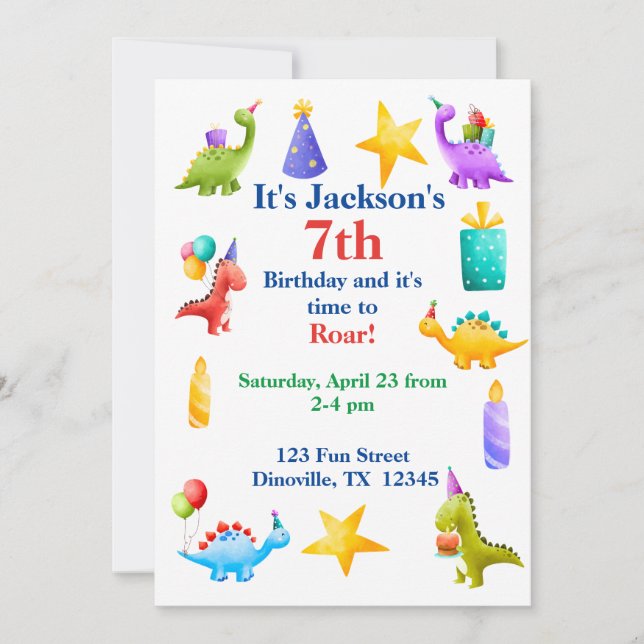 Invitation Anniversaire de enfant Dino coloré (Devant)