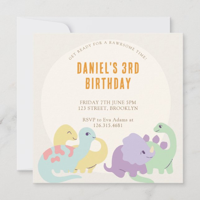 Invitation Anniversaire de enfant Dinosaure Illustré Pastel C (Devant)