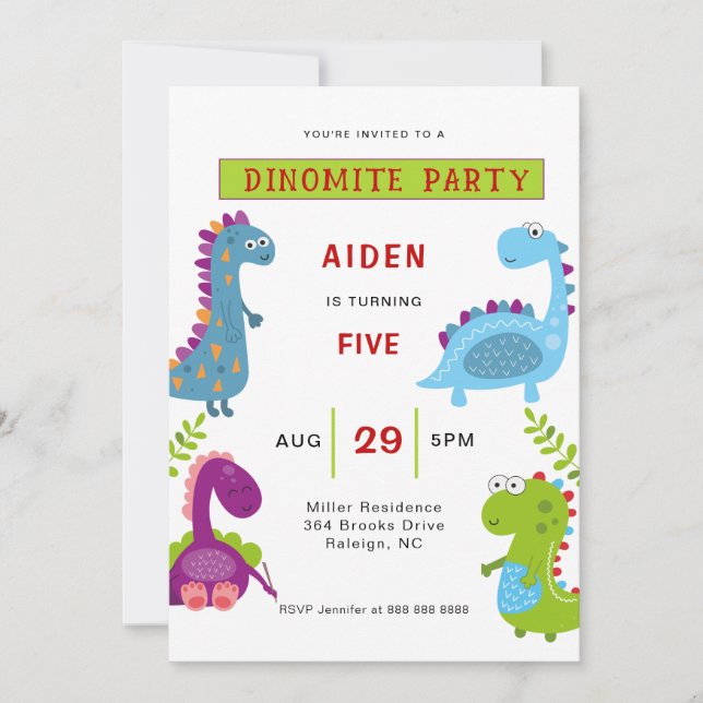 Invitation Anniversaire de enfant Dinosaures coloré (Devant)