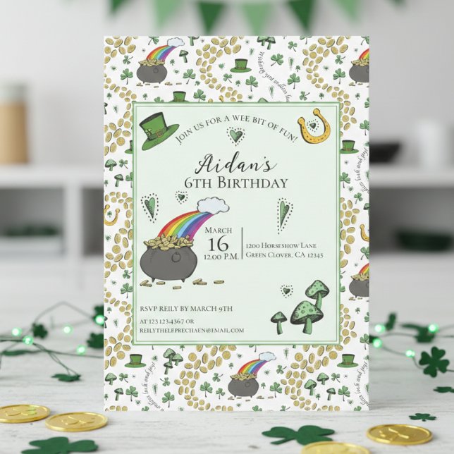 Invitation Anniversaire de enfant du Jour de la Saint Patrick (Cute St Patrick's Day Kids Birthday Invitations. Pattern of Irish Lucky Green Shamrocks, Hearts)