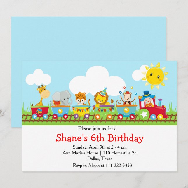 Invitation Anniversaire de enfant du train Animal Circus en r (Devant / Derrière)
