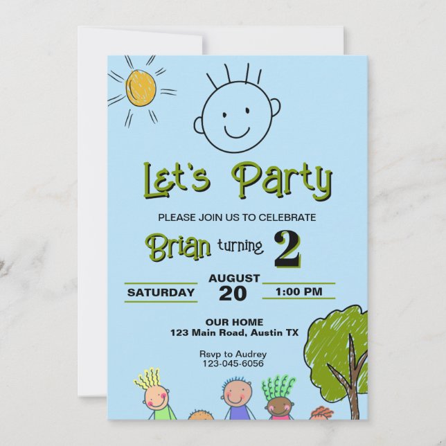 Invitation Anniversaire de enfant mignon tiré à main (Devant)