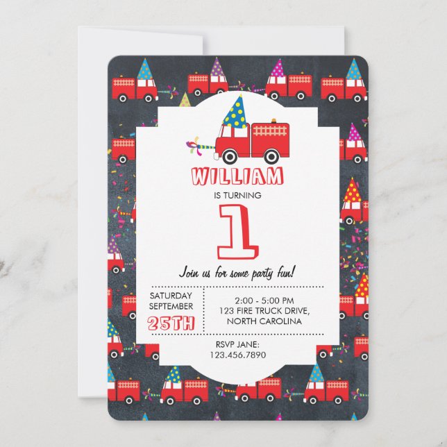 Invitation Anniversaire de enfant Motif du Red Fire Truck Par (Devant)