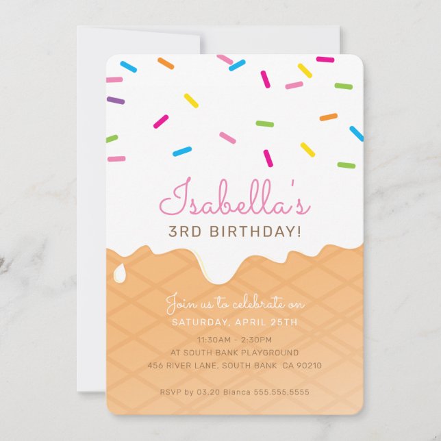 Invitation ANNIVERSAIRE DE ENFANT PARTY crème glacée cone ros (Devant)