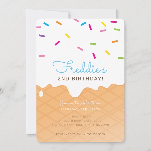 Invitation ANNIVERSAIRE DE ENFANT PARTY glaces cône bleu arro (Devant)