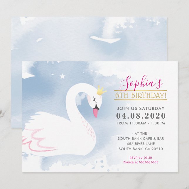 Invitation ANNIVERSAIRE DE ENFANT PARTY jolie princesse cygne (Devant / Derrière)