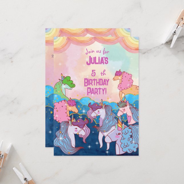 Invitation Anniversaire de enfant Pastel Unicorn (Devant/Arrière en situation)