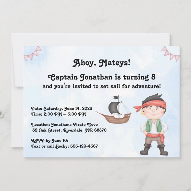 Invitation Anniversaire de enfant pirate sur l'invitation ble (Devant)